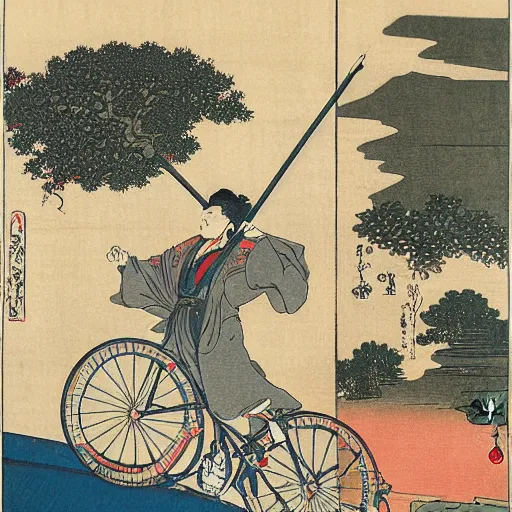 Image similar to a guy riding a bicicle with a balloon in his hand, by Hokusai