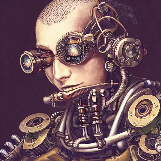 Image similar to portrait painting of a steampunk cyborg doctor, transhumanism, ultra realistic, concept art, studio ghibli, intricate details, eerie highly detailed