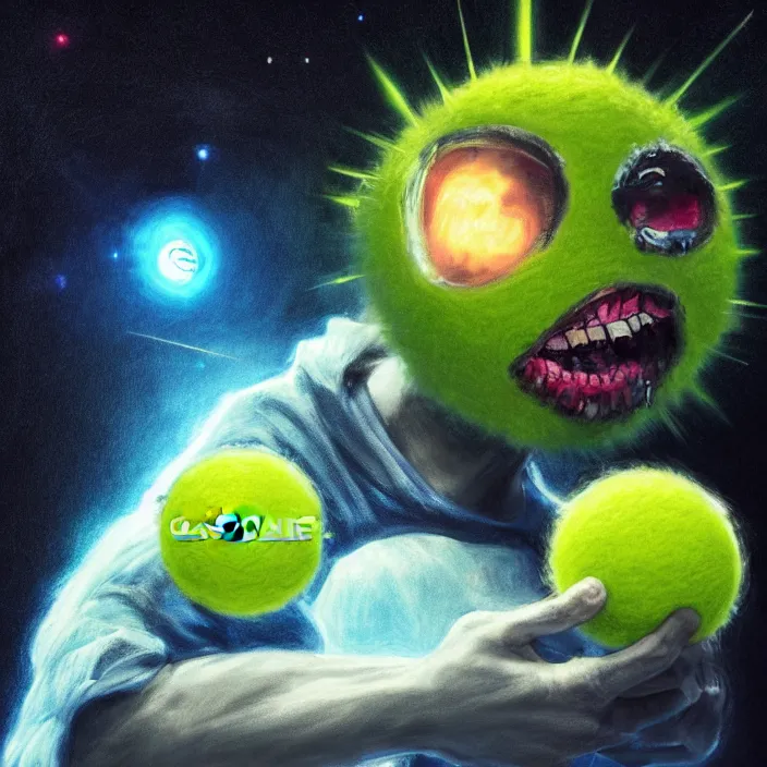 Image similar to cinematic portrait of a cute tennis ball monster in the abyss of space, chalk, masterpiece, trending on artstation, featured on pixiv, cinematic composition, dramatic pose, beautiful lighting, sharp details, hyper - detailed, hd, hdr, 4 k, 8 k, art by basil gogos