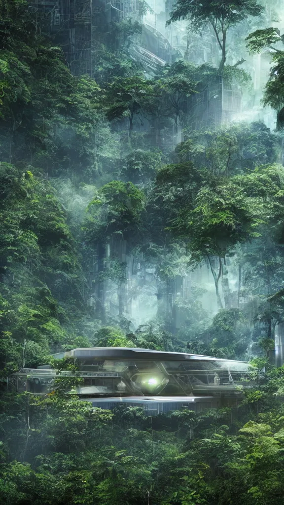 Image similar to extreme wide shot a futuristic containment building in a rainforest valley with a city in the distance, national geographic, hyper realistic, 4 k, warm light, the will to endure, artstation