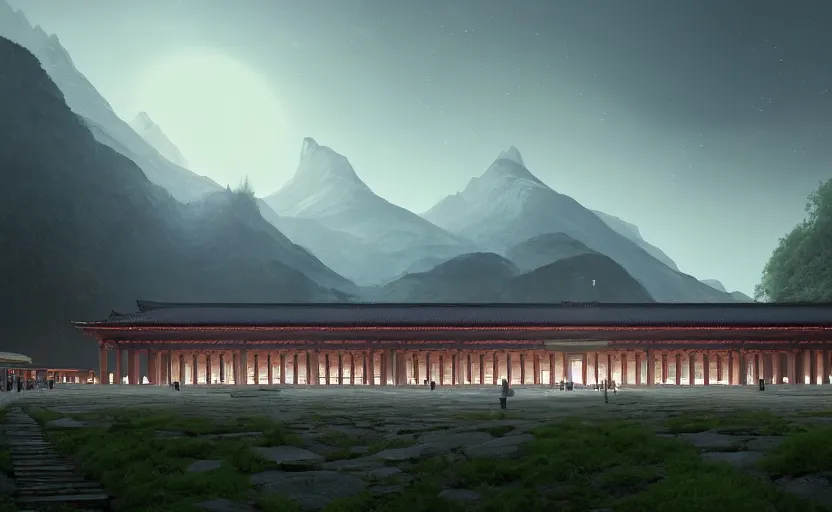 Image similar to exterior shot of utopian train station on in the middle of galaxy temple hill with cinematic lighting by peter zumthor and renzo piano, darek zabrocki and greg ruthkowski, simon stalenhag, cinematic, holy place, paradise, scifi, futurism, atmospheric, concept art, artstation, trending on artstation