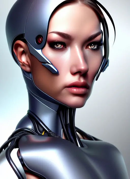 Prompt: portrait of a cyborg woman by Artgerm, face in profile +400!!!!!, biomechanical, hyper detailled, trending on artstation