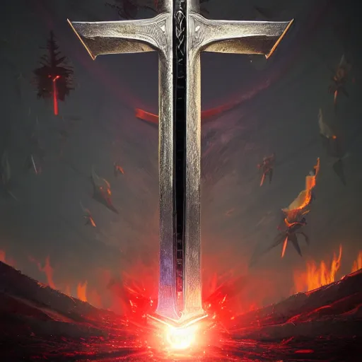 Prompt: game - icon of giant medieval swords crossed, red powerful fantasy epic legends, game icon stylized, digital illustration radiating, a glowing aura, global illumination, ray tracing, 8 k high definition, intricate details, octane render, unreal engine, trending on arstation