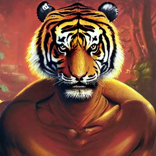 Image similar to head and shoulders portrait of a tiger rakshasa in a luxurious indian setting, d & d, fantasy, greg rutkowski, frank frazetta, alexandre chaudret, boris vallejo, michael whelan, miro petrov, hr giger, magali villeneuve, donato giancola