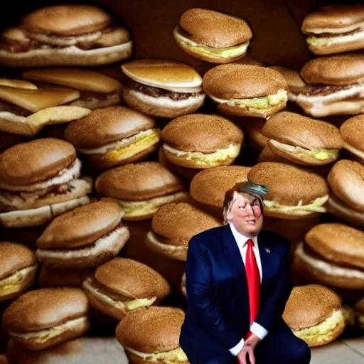 Image similar to Donald trump sitting on a pile of hamburgers in a bank vault, AP photography