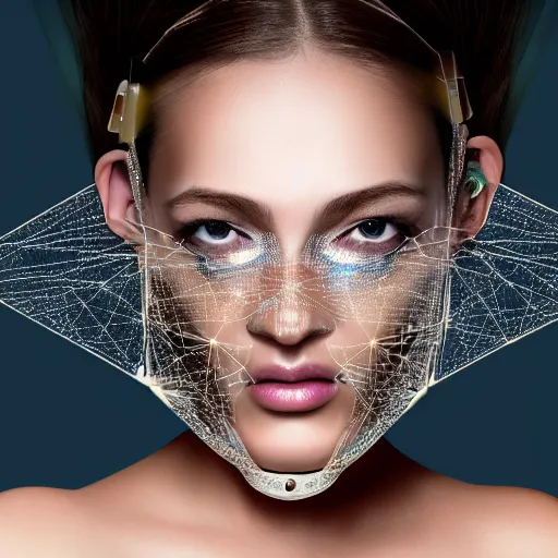 Prompt: portrait of a beautiful futuristic woman layered with high-tech jewelry wrapping around her face and head, 2042