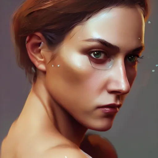 Image similar to a very beautiful and pretty woman with muscles, digital art, photorealistic, unreal engine, 8 k resolution, artstation, beautiful face, pretty face, very detailed eyes, by wlop, greg rutkowski, simon bosley