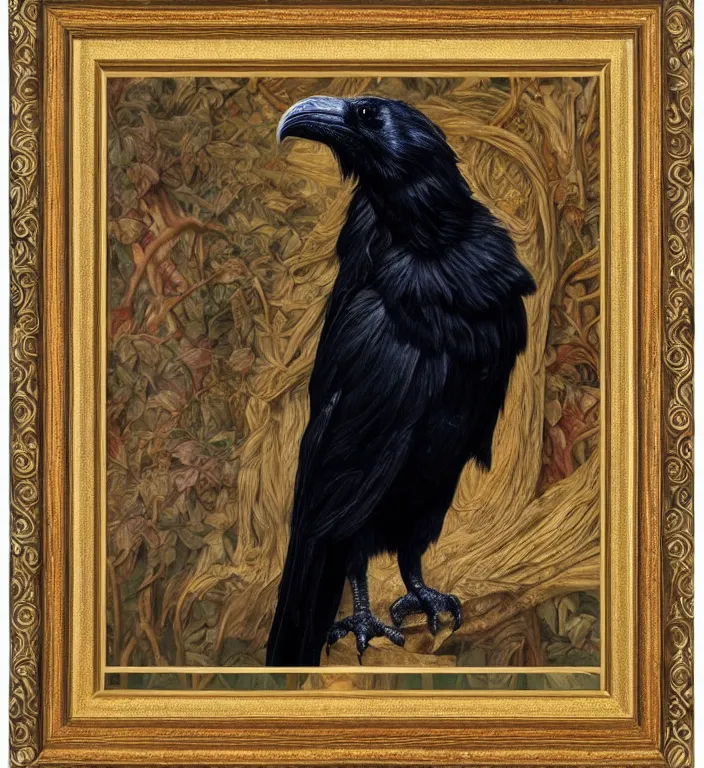 Prompt: a breathtakingly stunningly beautifully highly detailed animal portrait of a majestic raven, ornately framed, by rosetti and devinci and michael cheval and sidney cooper and turner, 4 k