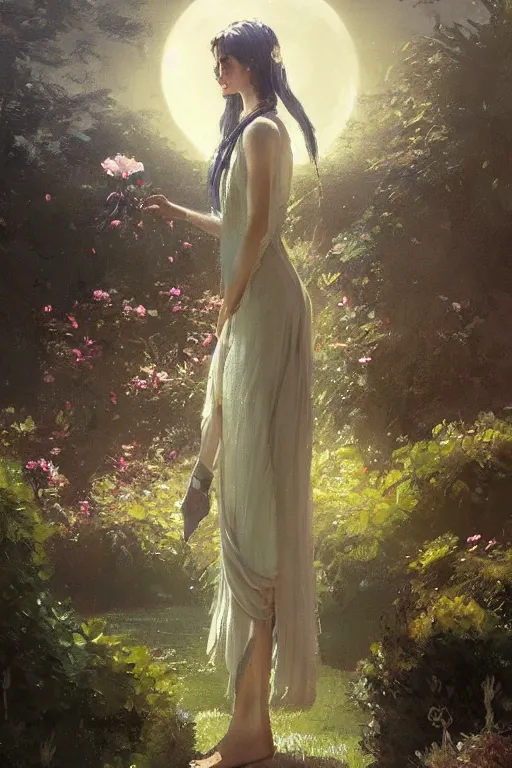 Image similar to a beautiful painting of garden, moon, girl, by greg rutkowski, trending on artstation