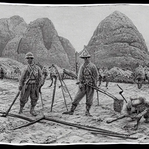 Image similar to ultra detailed photorealistic sepia - toned line drawing from 1 9 1 7, three british soldiers standing at an archaeological dig site in wadi rum, ultra realistic, painted, intricate details, lovecraft, atmospheric, dark, horror, brooding, highly detailed, by clyde caldwell