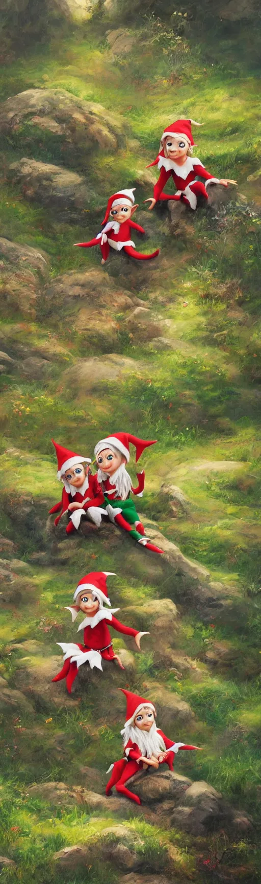 Prompt: a splash painting of a cute elf and dwarf sitting on the edge of a hill, beautiful nature, beautiful landscape