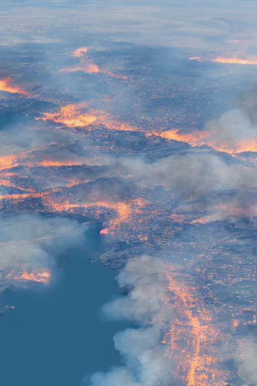 Prompt: airplane window view, aerial imagery, huge fire, very detailed, trending on artstation