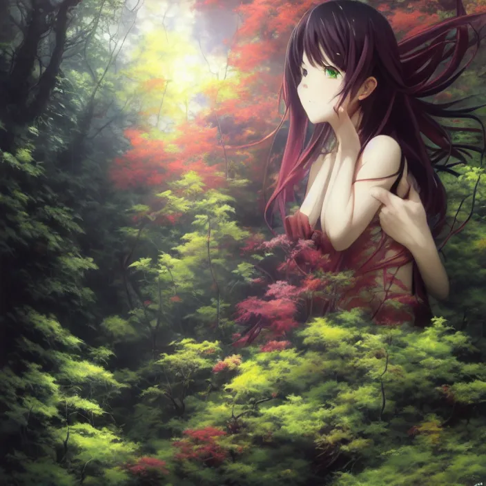 Image similar to Nishimiya Shouko, Albedo from Overlord, Mayer Re-l, Japan Lush Forest, official anime key media, close up of Iwakura Lain, LSD Dream Emulator, paranoiascape ps1, official anime key media, painting by Vladimir Volegov, beksinski and dan mumford, giygas, technological rings, johfra bosschart, Leviathan awakening from Japan in a Radially Symmetric Alien Megastructure turbulent bismuth glitchart, Atmospheric Cinematic Environmental & Architectural Design Concept Art by Tom Bagshaw Jana Schirmer Jared Exposure to Cyannic Energy, Darksouls Concept art by Finnian Macmanus