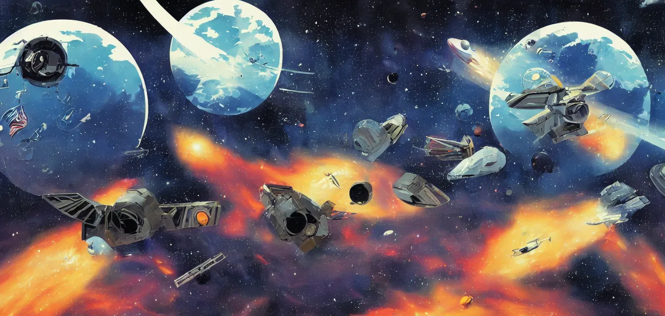 Image similar to space battle aftermath in orbit above moon, retro futurism painting