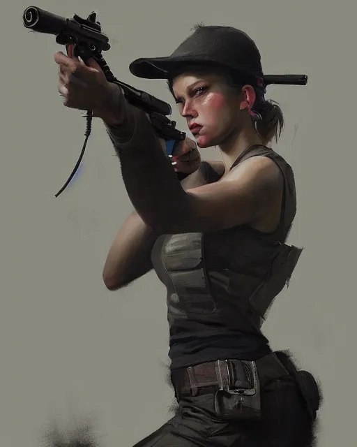 Image similar to Hyper realistic painting of a girl holding a gun, noir, hyper detailed, by greg rutkowski, trending on artstation