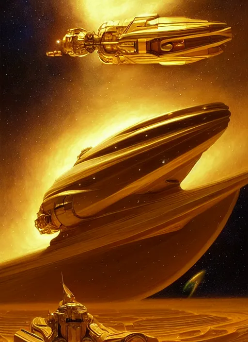 Prompt: Giant golden space cruiser in space , diffuse lighting, fantasy, intricate, elegant, highly detailed, lifelike, photorealistic, digital painting, artstation, illustration, concept art, smooth, sharp focus, art by John Collier and Albert Aublet and Krenz Cushart and Artem Demura and Alphonse Mucha