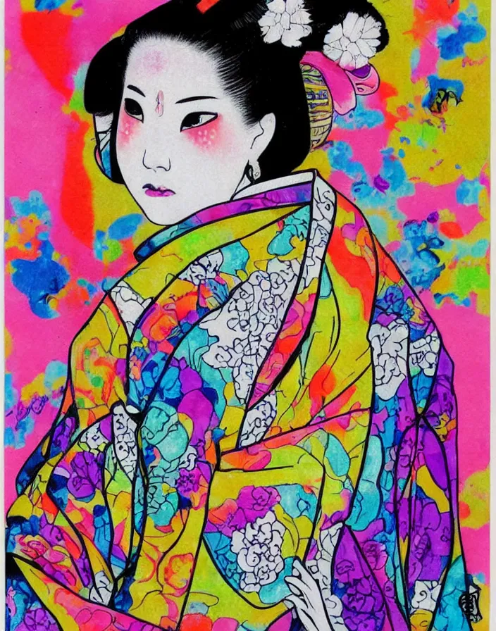 Prompt: ink on paper, a portrait of a geisha wearing a colorful kimono with graffiti tags, by goyo hashiguchi!!, colorful, xray melting colors!!