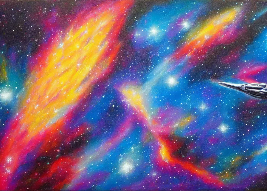 Prompt: spaceship flying over huge and colorful nebula, oil painting