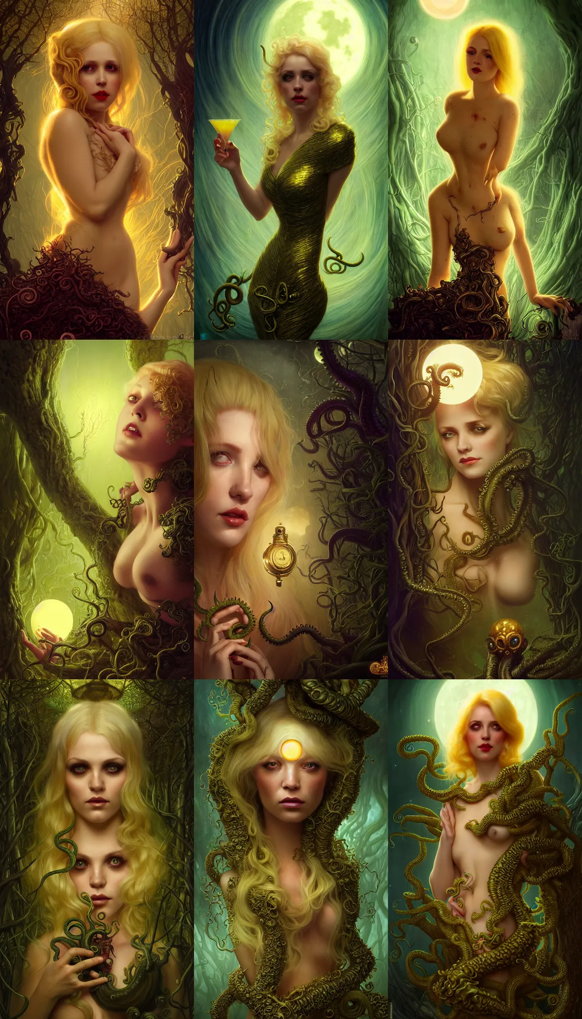 Prompt: close macro shot portrait small blonde in golden cocktail dress looks scary, on arkham horror background at night, evil fluid, lush plants, insane, giant tentacles, lovecraft, full bloody moon, light rays, gnarly trees by tom bagshaw, mucha, gaston bussiere, craig mullins, j. c. leyendecker 8 k