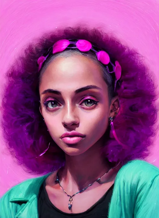 Image similar to portrait of teenage vanessa morgan with bright pink hair, black girl, curly pixie cut hair, wearing a purple breton cap, breton cap, hoop earrings, intricate, elegant, glowing lights, highly detailed, digital painting, artstation, concept art, smooth, sharp focus, illustration, art by wlop, mars ravelo and greg rutkowski