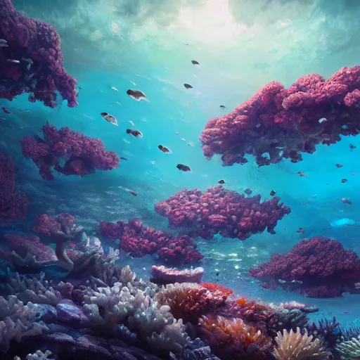 Image similar to beautiful coral reef photorealistic painting, wlop, concept art, octane render, deviantart, greg rutkowski, cinematic, artstation, key art, hyperrealism