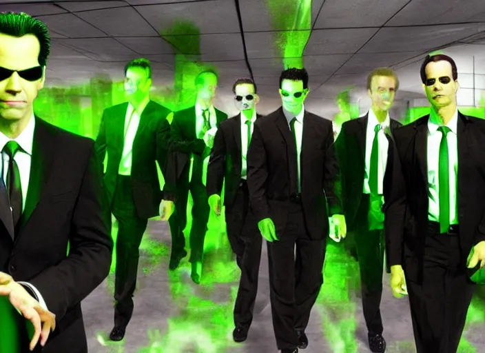 Prompt: tommy tallarico dressed as agent smith from the matrix surrounded by multiple versions of himself with green tint matrix filter