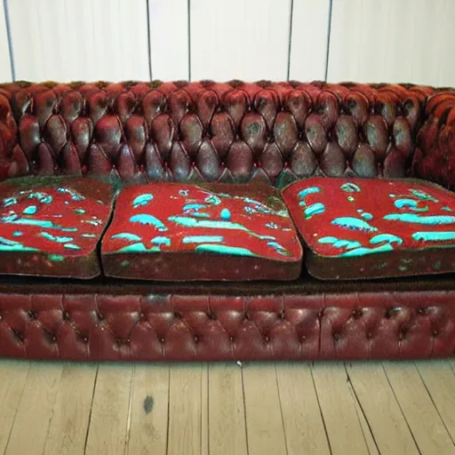 Image similar to couch sofa chesterfield flying through space psychedelic trippy eldritch horror cartoon