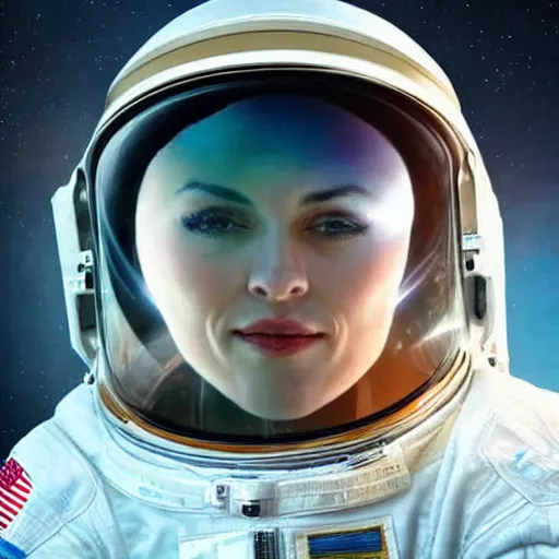 Image similar to a hyper realistic digital painting of a woman in an astronaut suit in space