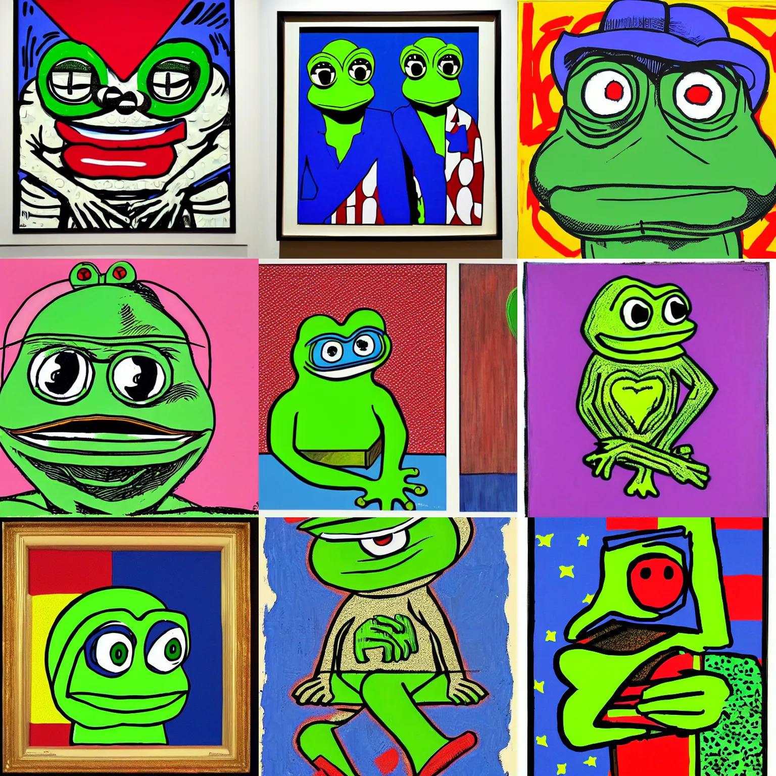Prompt: pepe the frog,pop art masterpiece by Jasper Johns and Matt Furie,