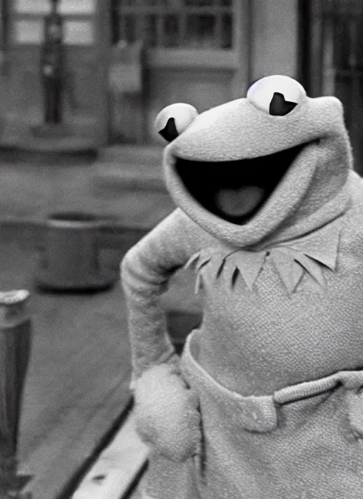 Image similar to film still of Kermit the frog as Oskar Schindler in Schindler's List, 4k