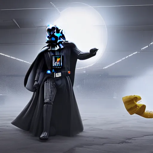 Image similar to Darth Vader slips on a banana peel, unreal engine, artstation