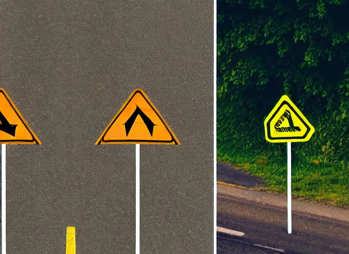 Prompt: photo still of two street signs on a country road shaped like arrows pointing left and right with the words left on one and right on the other, 8 k 8 5 mm f 5. 6