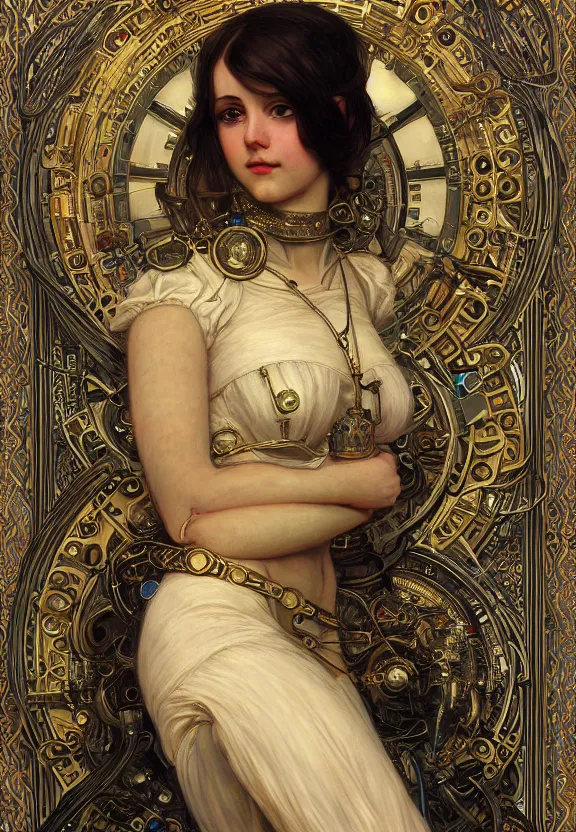 Prompt: portrait of a mechanical girl, ornamental, photorealistic, photorealism, cinematic atmosphere, elaborate, highly detailed, ornate, futuristic, dramatic lighting, 4 k, by waterhouse, mucha,