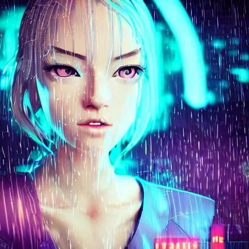 Image similar to anime woman portrait made out of rain, beautiful, stylish suit, cyberpunk background, neon, rendered in octane, unreal engine, matte painting, sharp focus, trending on artstation, futuristic, space, realistic