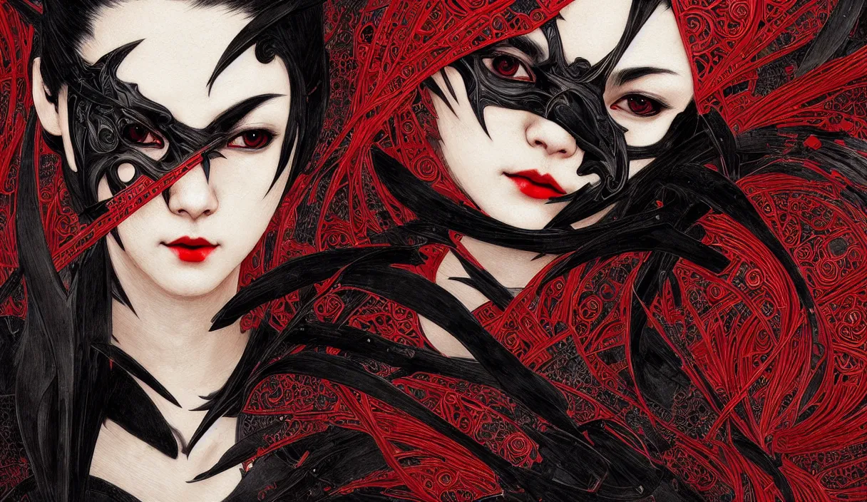 Image similar to portrait ninja mask female + smoky eyes, matt black red color ninja wardrobe in ruined yasukuni shrine, ssci - fi and fantasy, intricate and beautiful and elegant, highly detailed, digital painting, artstation, concept art, smooth and sharp focus, illustration, art by tian zi and wlop and alphonse mucha
