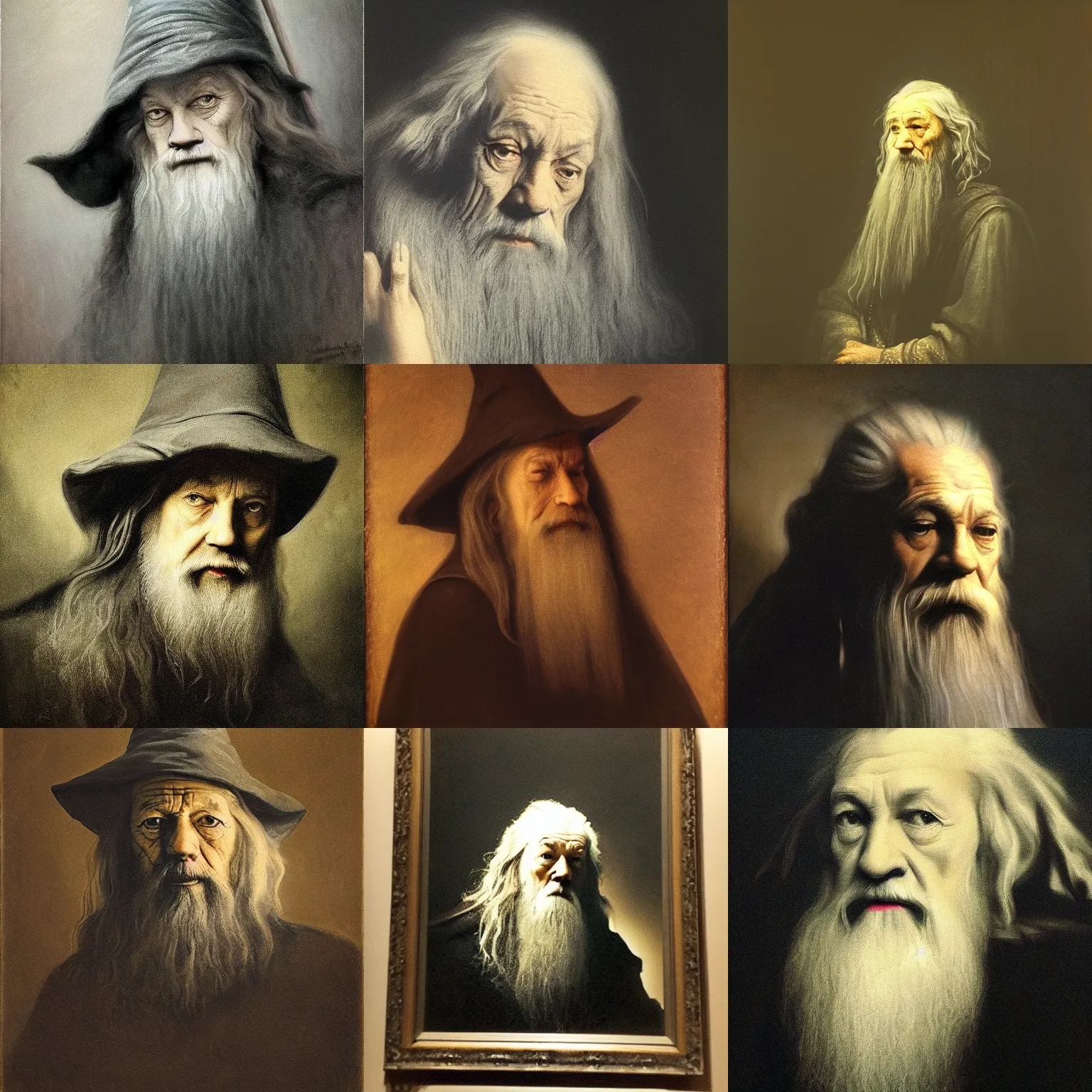 Prompt: portrait of ( ( gandalf, the gray ) ) ( melancholic, thoughtful ), ( ( low key lighting ) ), dark bacgkground, oil canvas by rembrandt