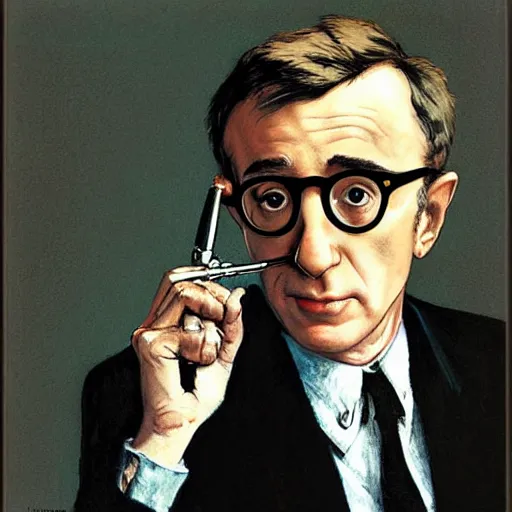 Image similar to “portrait of Woody Allen as James Bond, by Norman Rockwell”