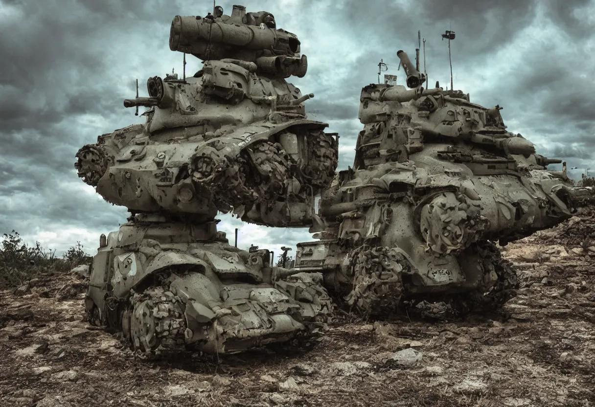 Image similar to my neighbor totoro tank, post apocalyptic style. fox holes. colorized, shot on film, wide angle, stormy sky, lightning