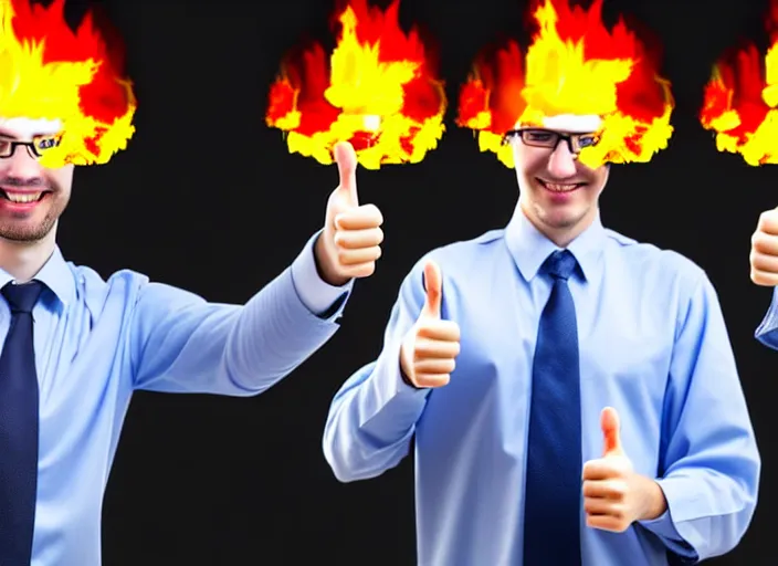 Prompt: A system administrator doing a thumb up to the camera in front on burning servers, servers in flames, happy system administrator doing a thumb up, uncropped, full body