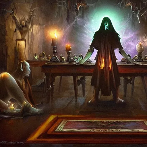 Image similar to a seance in a dark room with a white glow around a center table, fantasy art, magic : the gathering