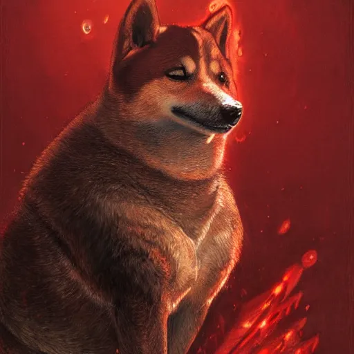 Prompt: anthropomorphic shiba inu, wearing berserk anime darkness armor, blood aura red light, fantasy, dark, portrait art by donato giancola and greg rutkowski, realistic face, digital art, trending on artstation, symmetry