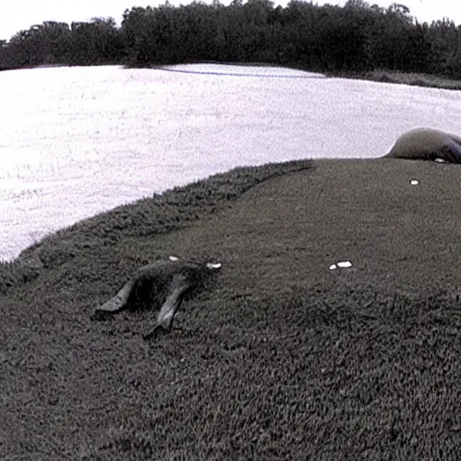 Image similar to cctv footage of a walrus sleeping on a golf course,