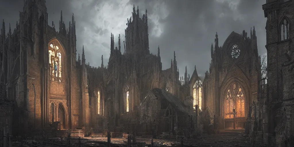 Prompt: A poor looking medieval church by Greg Rutkowski, Sung Choi, Mitchell Mohrhauser, Maciej Kuciara, Johnson Ting, Maxim Verehin, Peter Konig, Bloodborne, 8k photorealistic, cinematic lighting, HD, high details, dramatic, dark atmosphere, trending on artstation