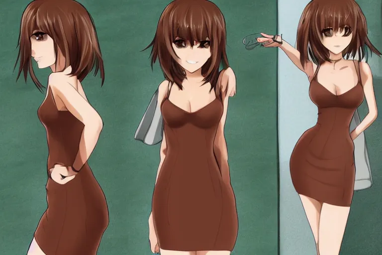 Image similar to beautiful woman with short brown hair, brown eyes, v-cut dress, anime