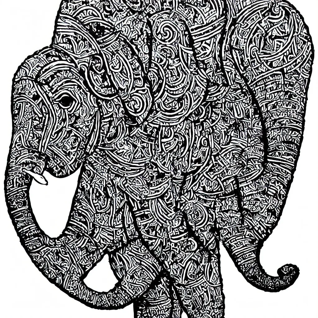 Image similar to block print elephant in the style of strawcastle, black ink on white paper