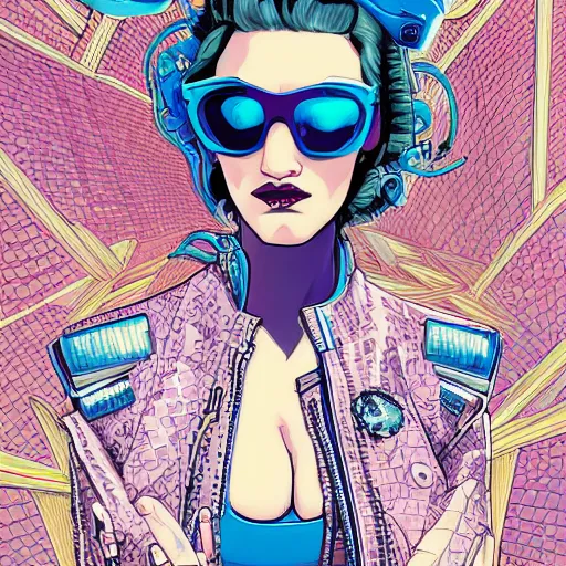 Prompt: hyper detailed comic illustration of a sexy cyberpunk Kat Dennings wearing a futuristic sunglasses and a gorpcore jacket, markings on her face, by Josan Gonzalez and Geof Darrow, intricate details, vibrant, solid background, low angle fish eye lens