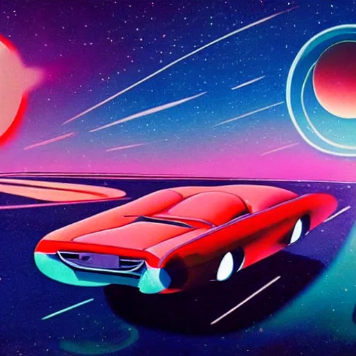 Image similar to 1960s car on a road in space driving towards a planet, synthwave