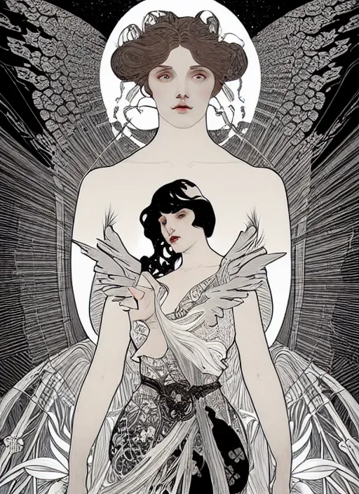 Image similar to fallen angel girl portrait by nicolas delort, alphonse mucha, victo ngai, josan gonzalez, kilian eng