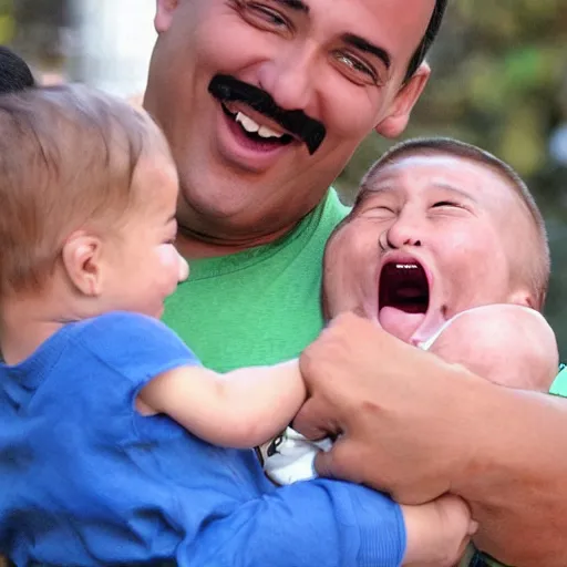 Prompt: super mario smiling while holding a screaming crying kid in his arms