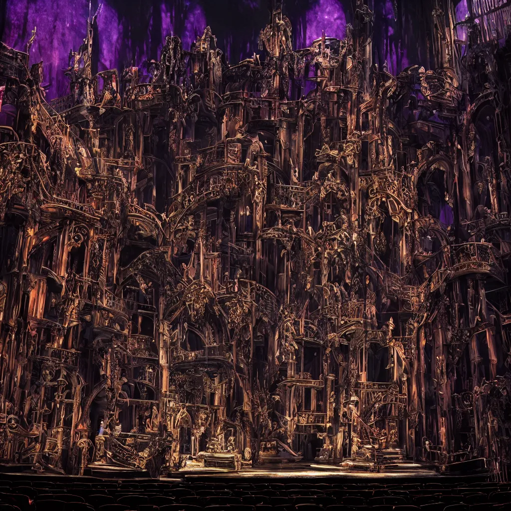 Image similar to photo, a highly - themed dramatic broadway musical set design with huge spectacle, dark and moody futuristic, a dark gothic psychedelic palace